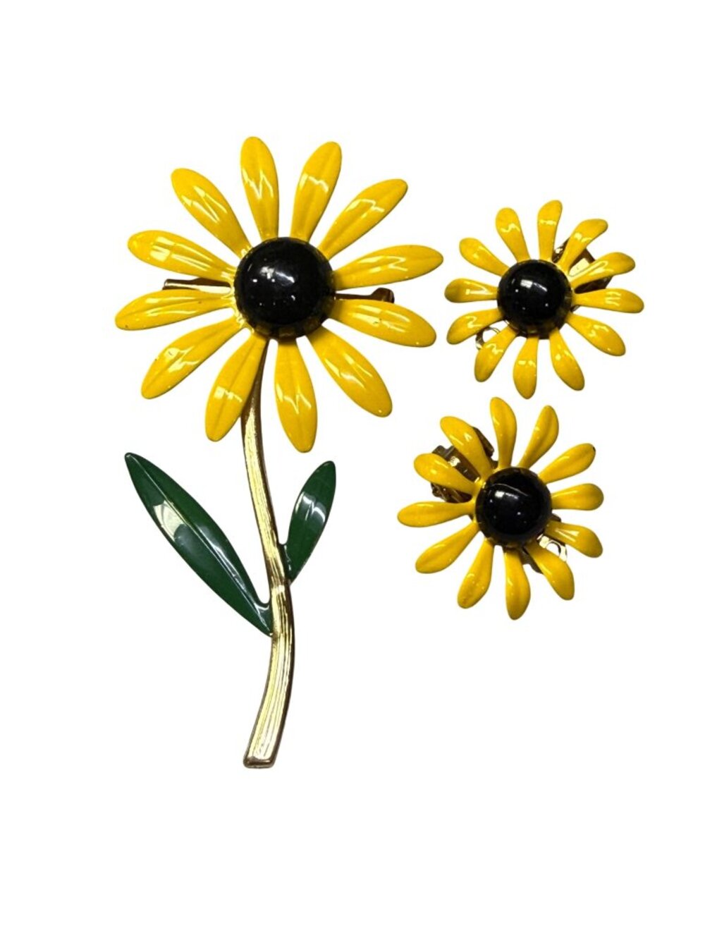 Vintage Yellow Enamel Daisy Sunflower Brooch & Clip-On Earrings Set Retro Floral